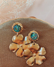Load image into Gallery viewer, Abalone Brass Statement Flower Dangles
